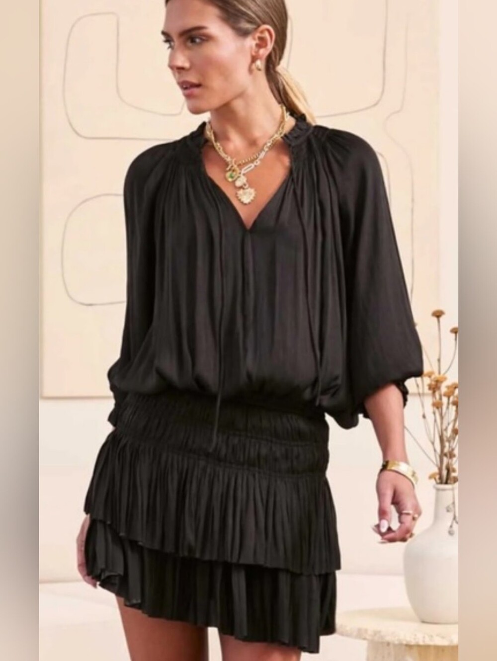 Ulla Johnson Piera Black Tiered Mini Dress with Balloon Sleeves Japanese Poly 4